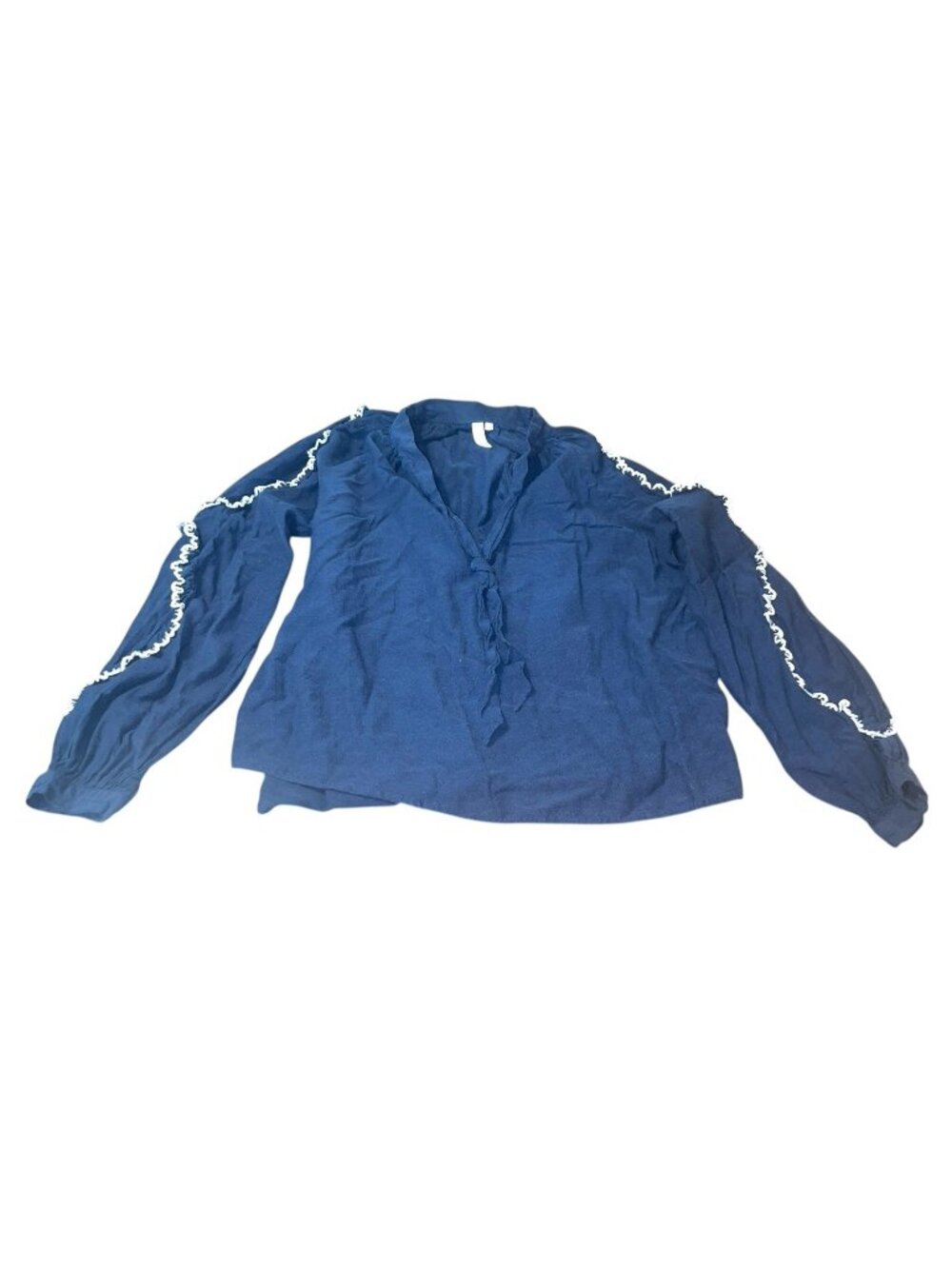AND/OR Women's Size 10 Navy Blue Blouse with White Ruffled Sleeves